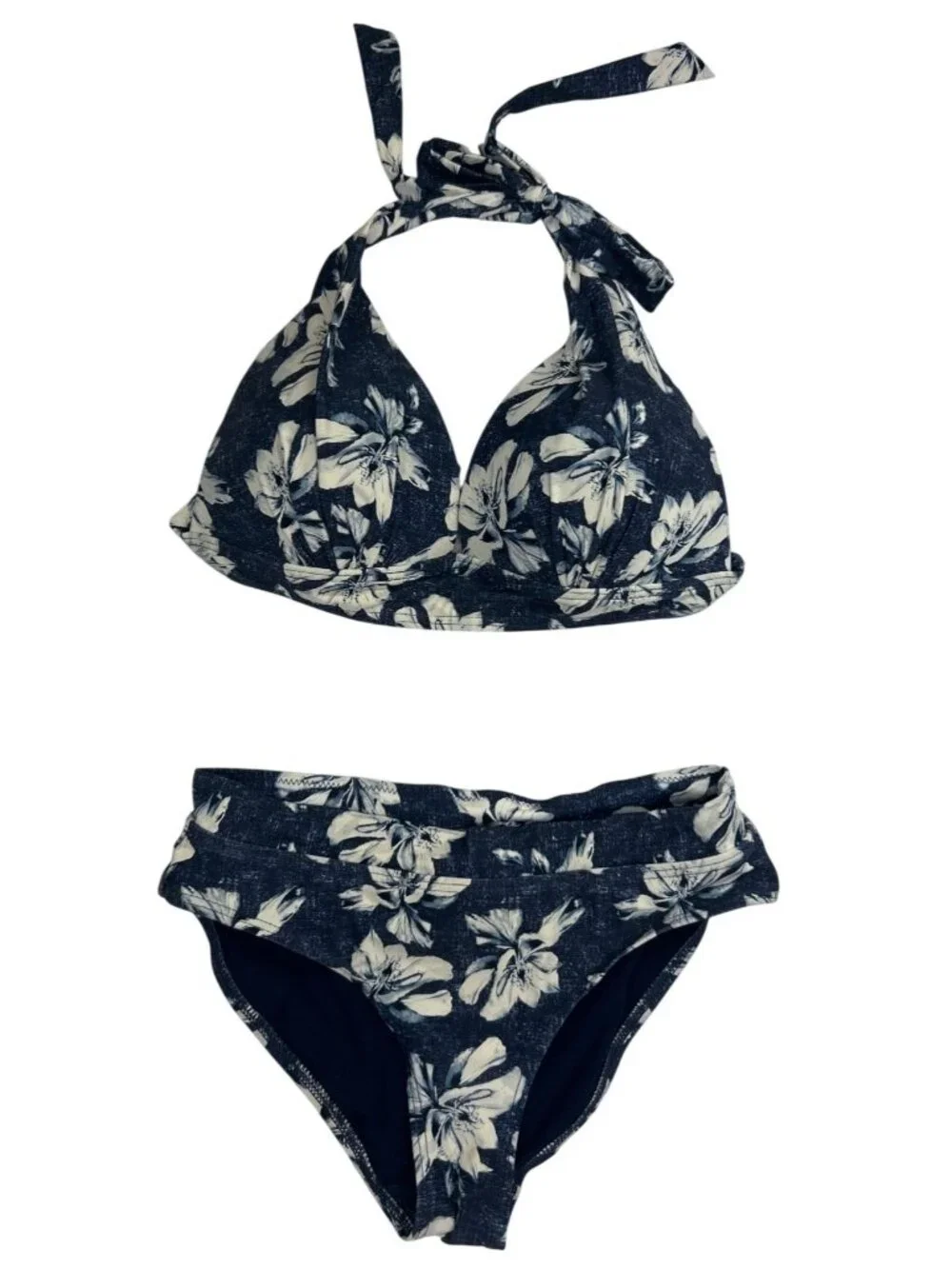 Nip Tuck Blue White Floral Bikini Set Sz 4 Halter Top High Waisted Resortwear